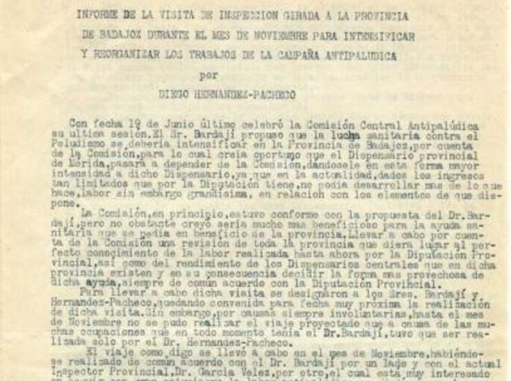 Documento del mes del Archivo Provincial de Badajoz se dedica a lucha contra paludismo