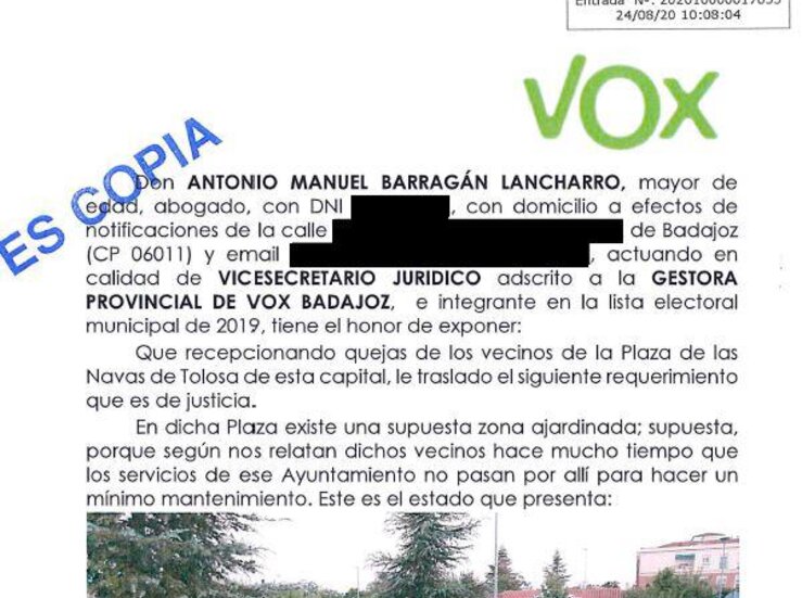 Vox pide al Ayuntamiento de Badajoz que adecente la Plaza de las Navas de Tolosa