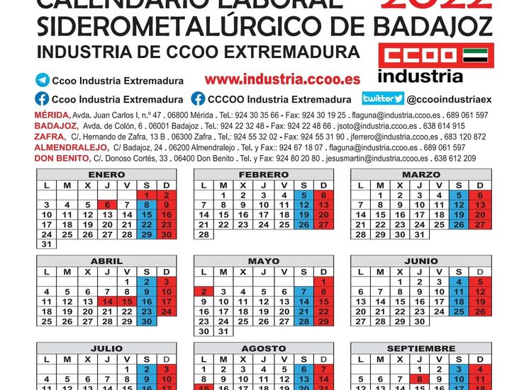 CCOO firma el calendario del sector Siderometalrgico provincial de Badajoz para 2022 