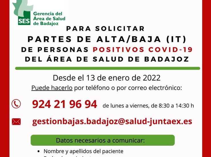rea Salud Badajoz habilita email y telfono para pedir partes de baja o alta por Covid