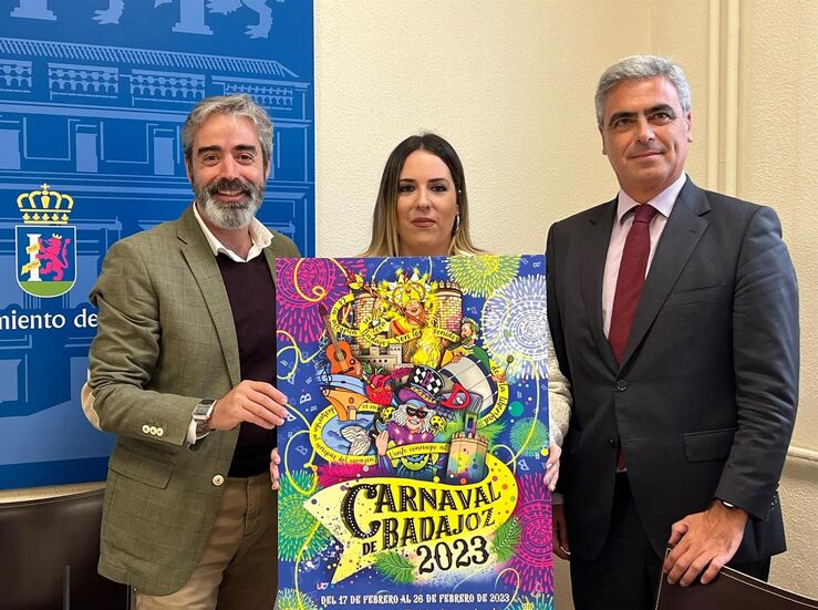 Monumentos y personajes o elementos carnavaleros protagonizan cartel Carnaval Badajoz 2023