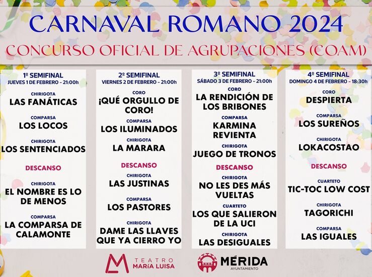 23 grupos disputarn el Concurso de Agrupaciones del Carnaval Romano de Mrida