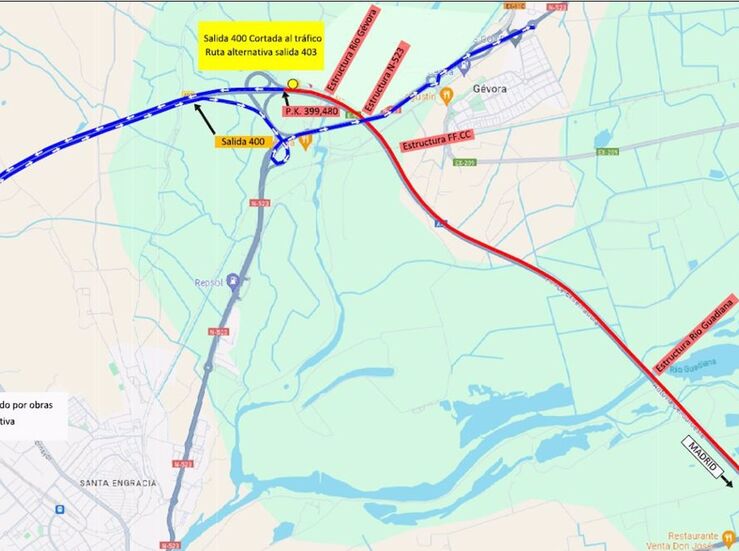 La salida 400 de la autova A5 en Badajoz permanecer cortada por obras desde este martes