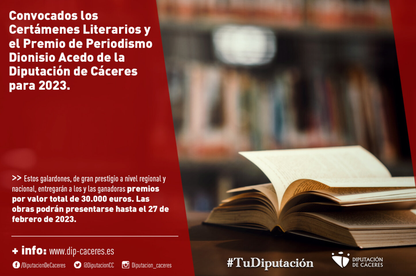 La Diputación de Cáceres convoca los premios literarios para 2023